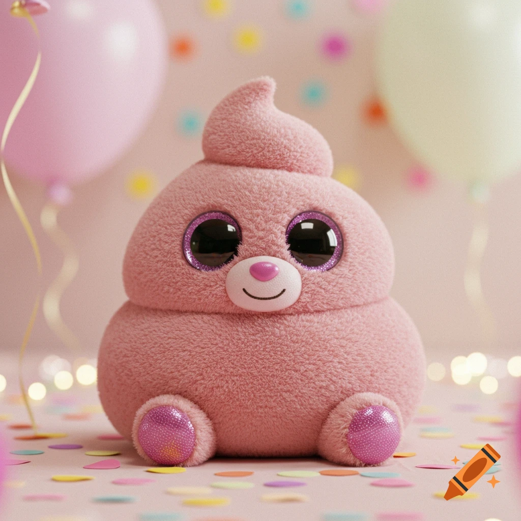 A pink, fluffy, poop-shaped Beanie Boo with large glittery eyes sits on a pink surface amidst confetti and balloons.