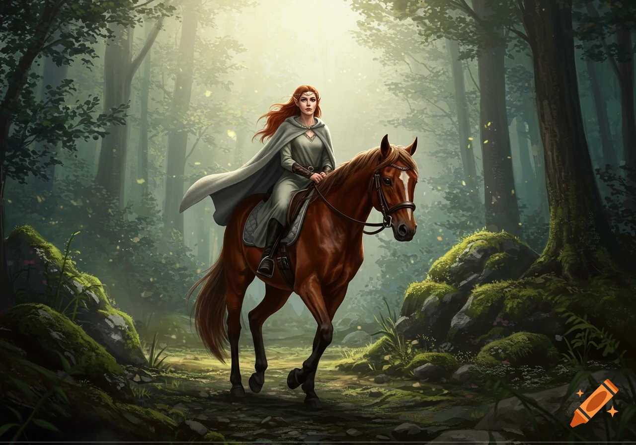 An elven woman with auburn hair and a gray cloak rides a brown horse through a mystical, sunlit forest path. Stylized fantasy art.