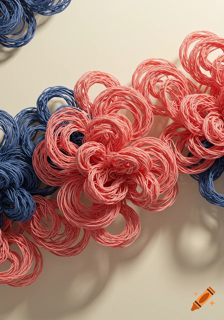 Abstract pattern of blue and coral intertwined yarn forming floral shapes on a light background.