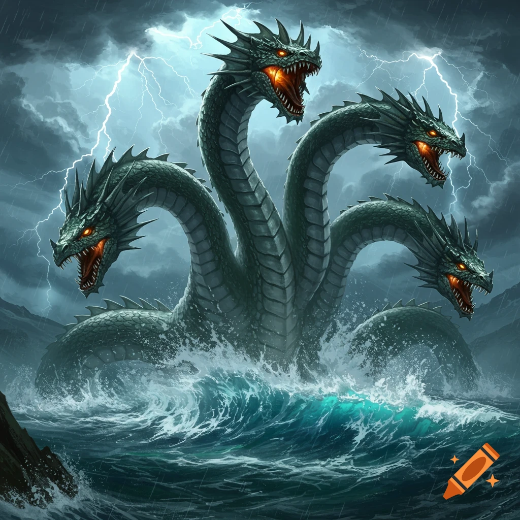 A four-headed dark green sea monster with glowing orange eyes emerges from stormy waves under a lightning-filled sky.