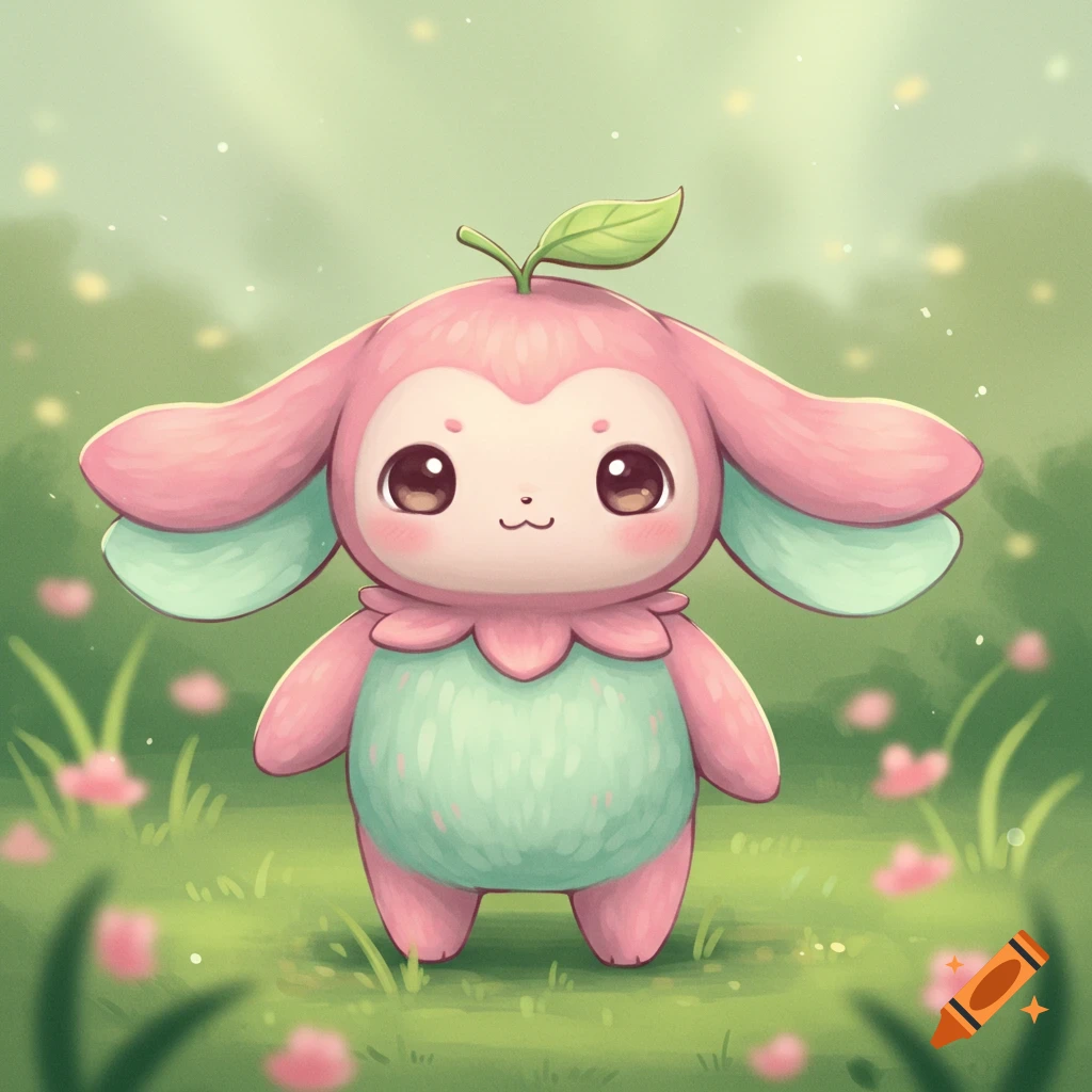 A cute pink and mint green creature with large eyes and a leaf on its head stands in a grassy field with pink flowers, children's illustration.