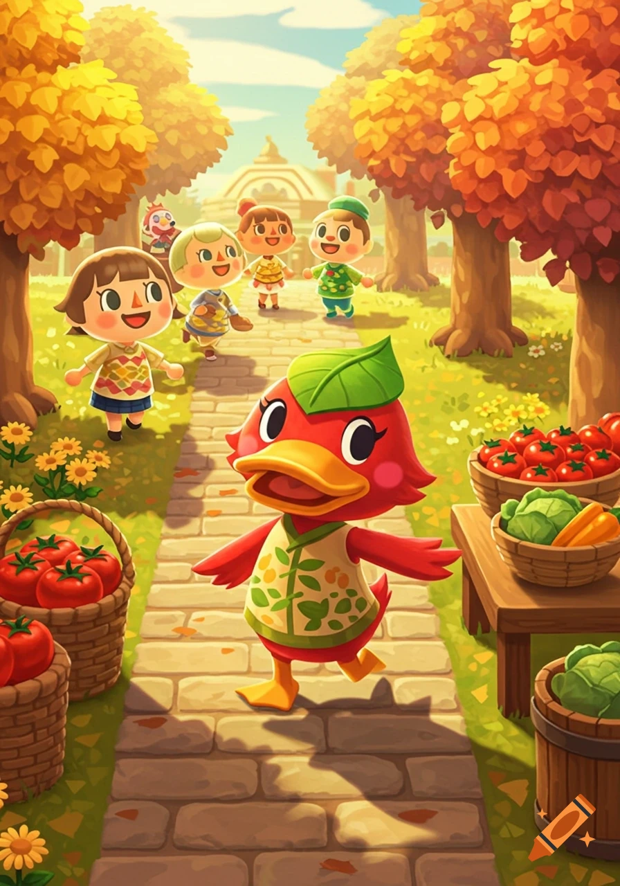 A red duck character from Animal Crossing, Ketchup, walks down a stone path in an autumn village with other villagers and produce.