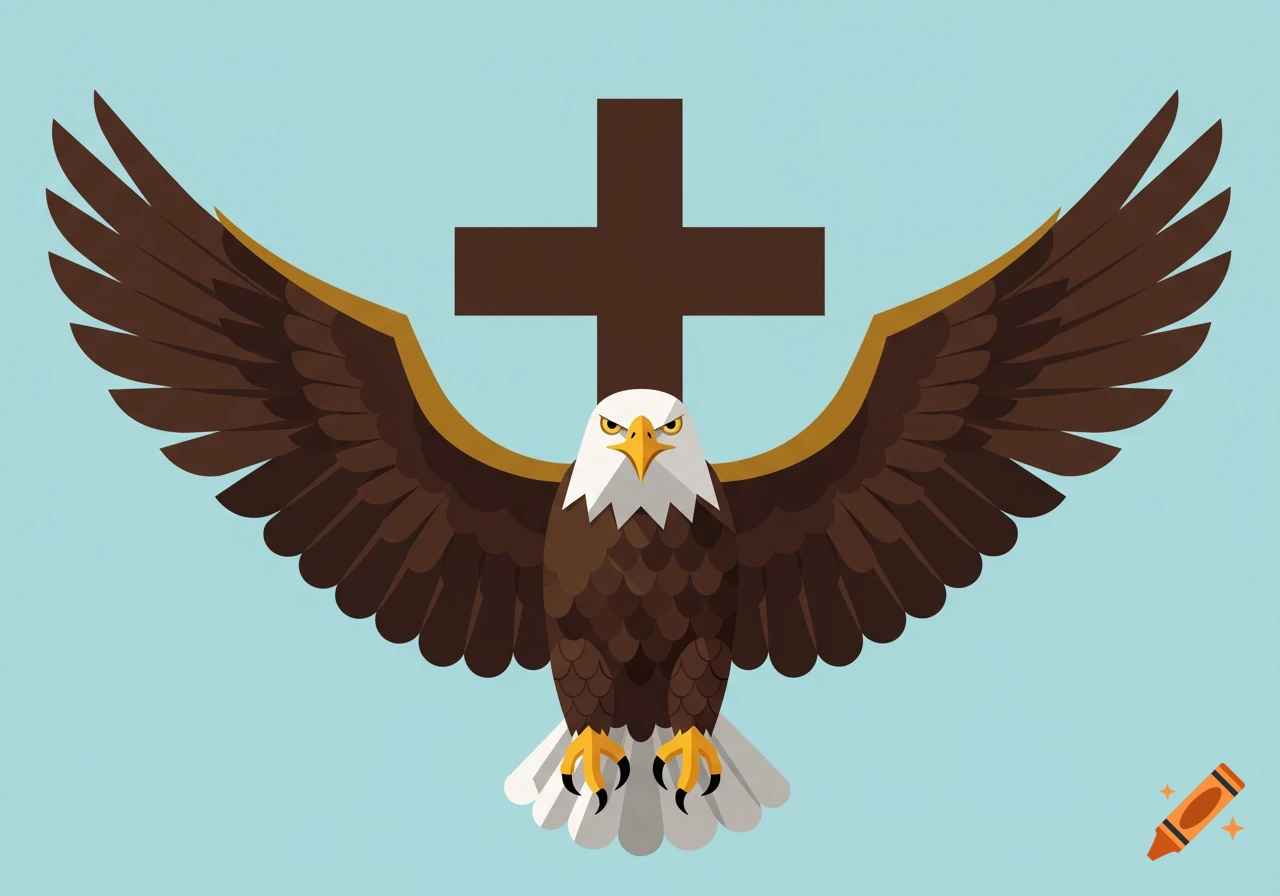 A stylized illustration of a bald eagle with outstretched wings and a brown Christian cross in the background against a light blue sky.