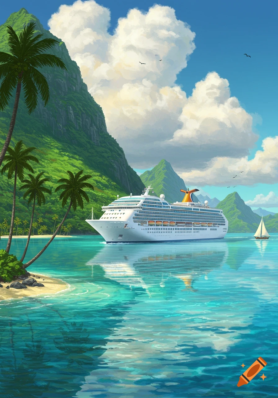 Illustrative scene of a large white cruise ship sailing in clear turquoise water past lush green tropical islands with palm trees and a sandy beach.