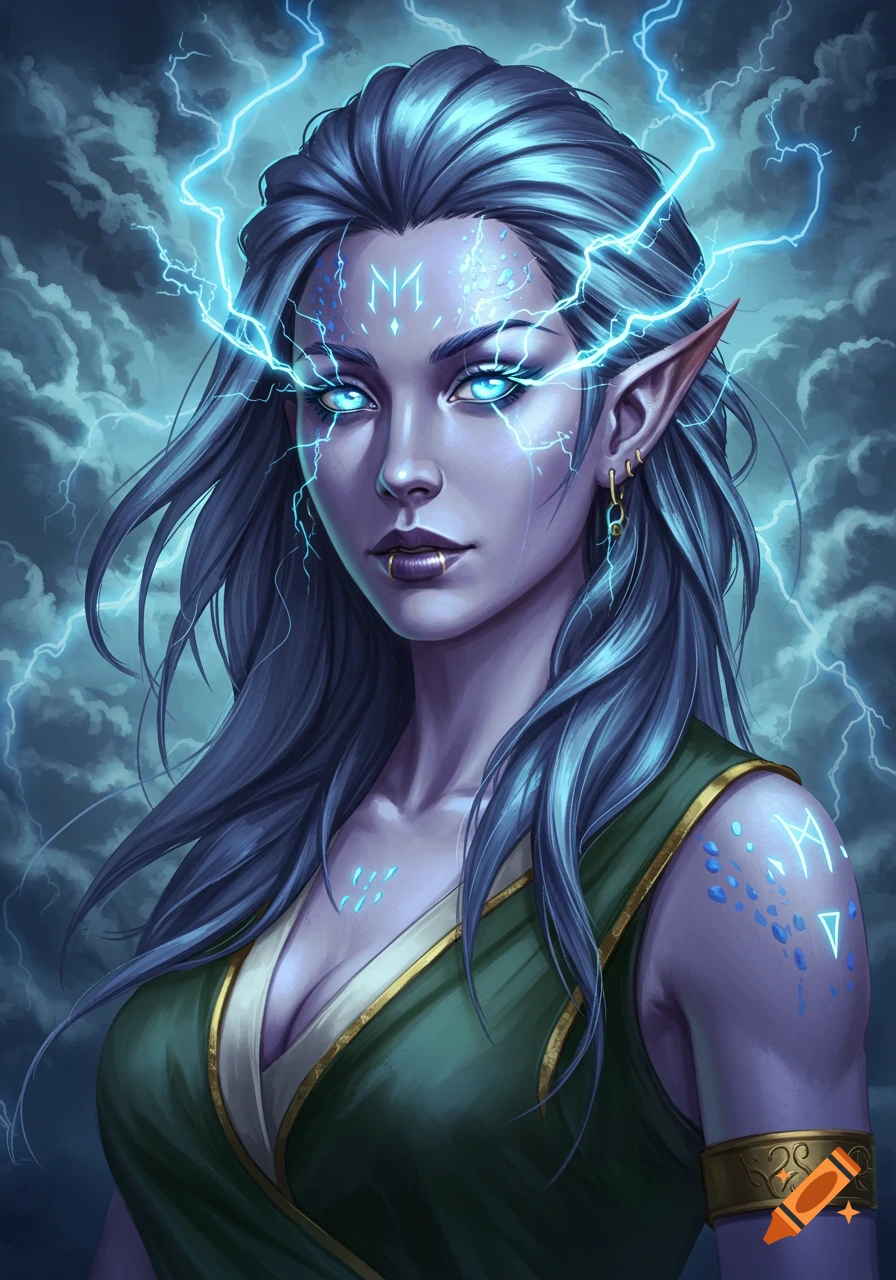 A fantasy portrait of a blue-skinned woman with pointed ears, blue hair, glowing eyes, and lightning around her head, wearing green and gold attire.
