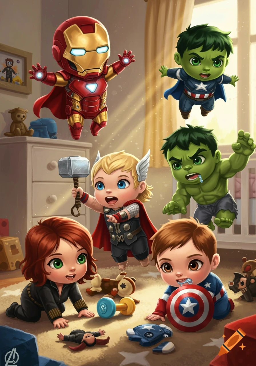 Cartoon illustration of baby Avengers playing in a bright nursery. Characters include Iron Man, Thor, Hulk, Black Widow, and Captain America.