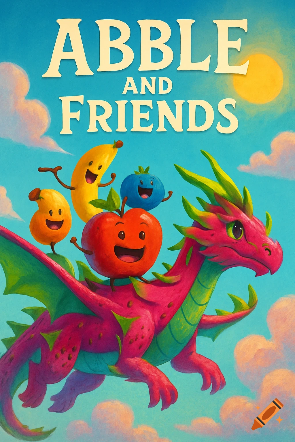 A whimsical book cover with a pink dragon flying under a sunny sky, carrying happy cartoon fruits. Text: 'ABBLE AND FRIENDS'.