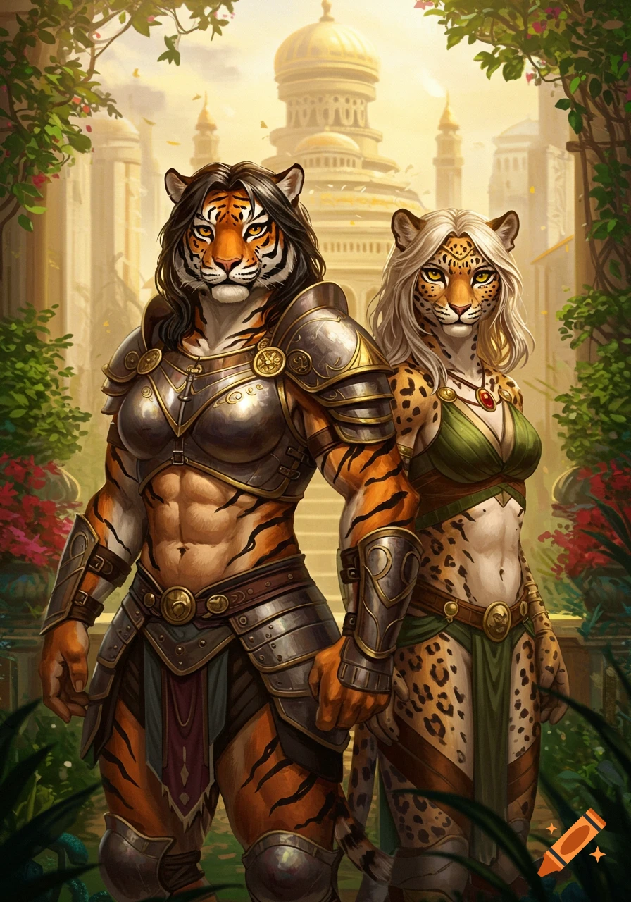 Two anthro warrior women, a tiger in armor and a leopard in green, stand in a lush palace garden. Fantasy digital art.