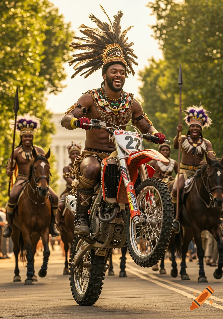 A smiling man in a feathered headdress and traditional attire rides a dirt bike on one wheel, leading a procession of horsemen.