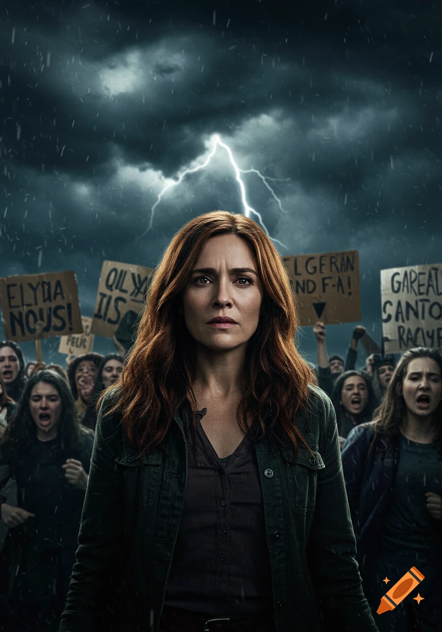 A determined woman with red-brown hair stands in front of a shouting crowd of protestors under a stormy sky with lightning, in a photorealistic style.