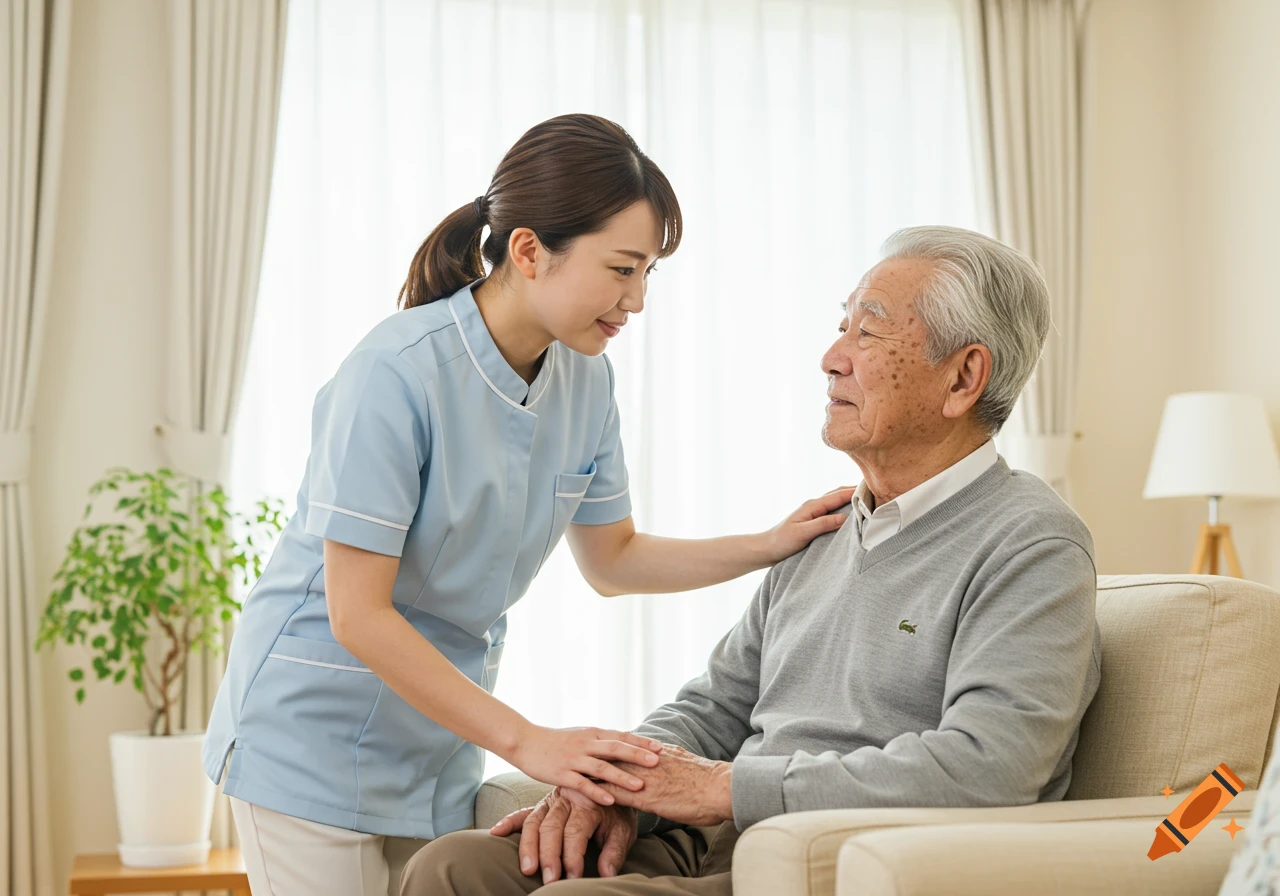A smiling female caregiver in light blue scrubs gently touches the hand and shoulder of an elderly man sitting in a chair in a bright room.