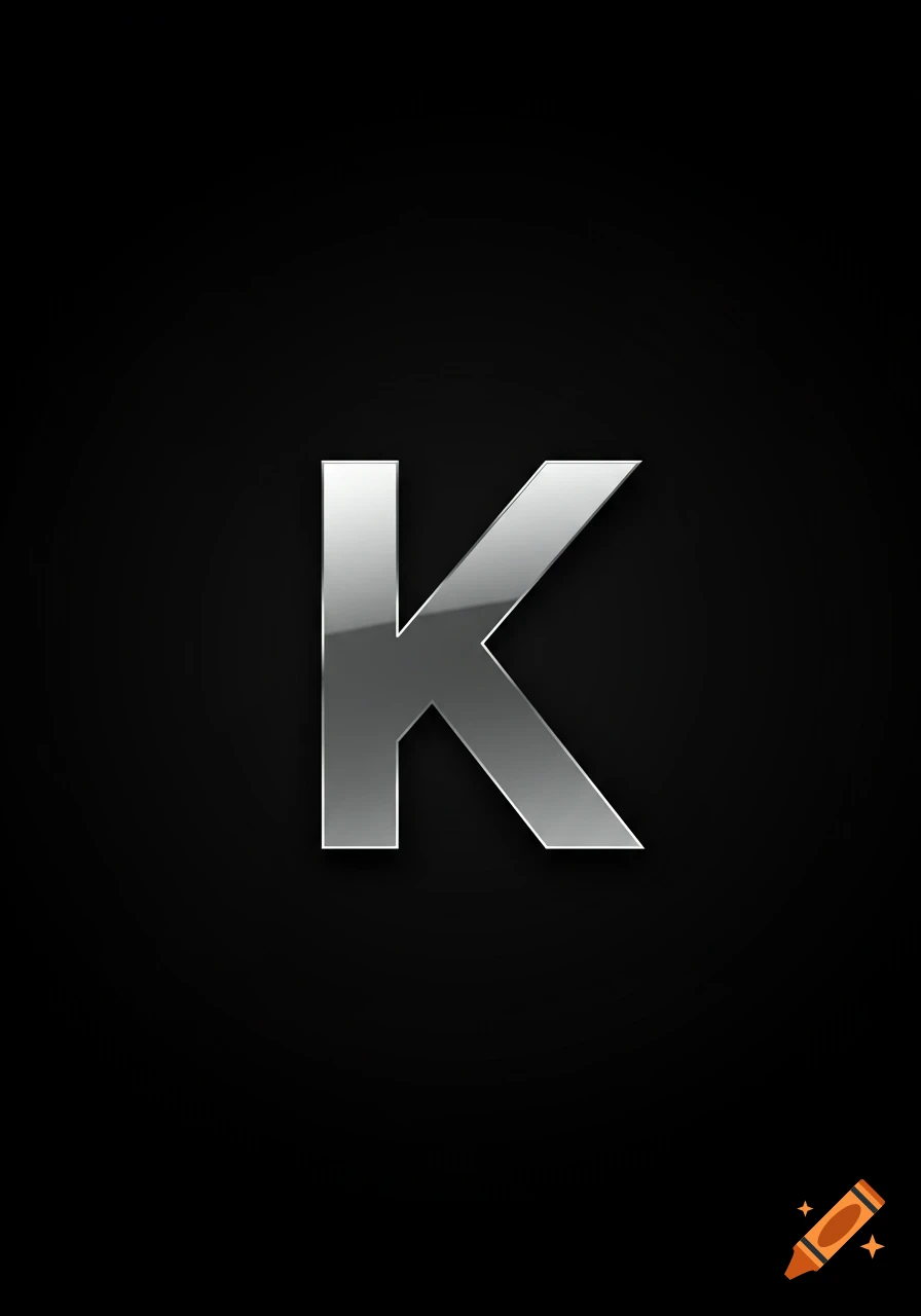 A metallic, shiny silver uppercase letter K against a solid black background.