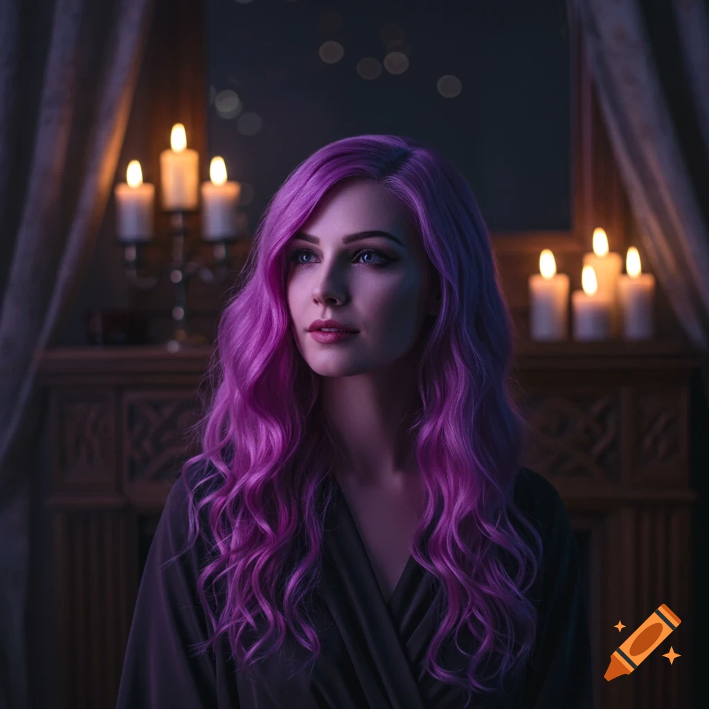 Photorealistic portrait of a woman with long purple hair, illuminated ...