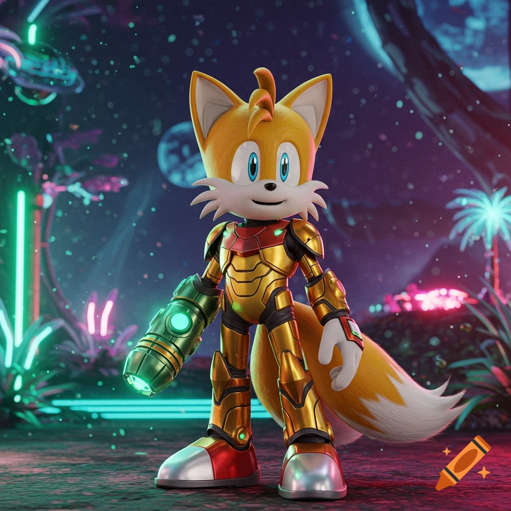 Tails from Sonic, wearing a golden and red Varia Suit, stands in a neon-lit, futuristic alien landscape.