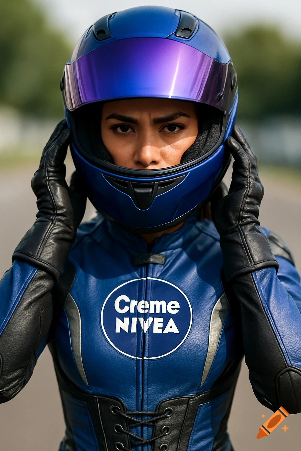 Photorealistic portrait of a Latina woman adjusting a blue motorcycle helmet, wearing a blue and black racing suit with 'Creme NIVEA' branding.