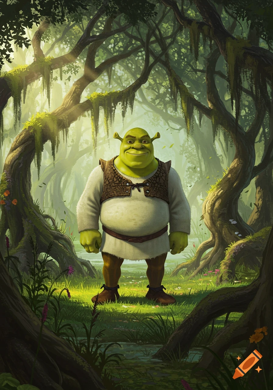 Shrek stands smiling in a vibrant, moss-covered swamp, surrounded by twisting trees and green foliage.