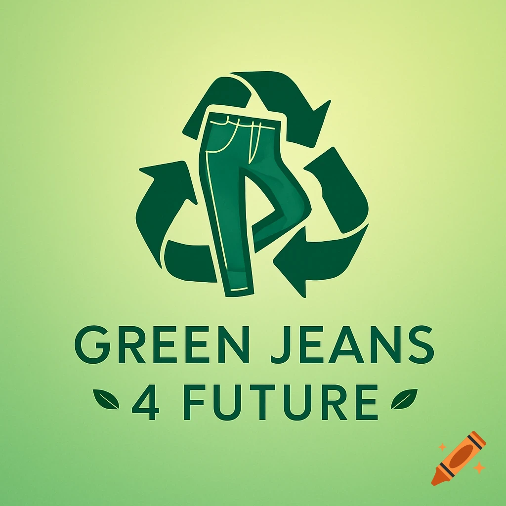 A vibrant green logo featuring dark green jeans within a recycling symbol, with the text 'GREEN JEANS 4 FUTURE'.