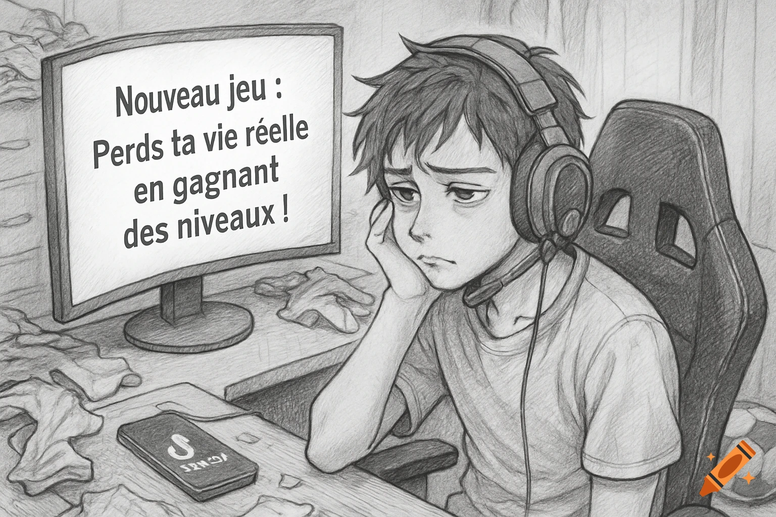 A tired teenage boy with headphones sits at a computer, looking desperate in a messy room. The screen reads: 'New game: Lose your real life by gaining levels!' Pencil sketch, manga style.