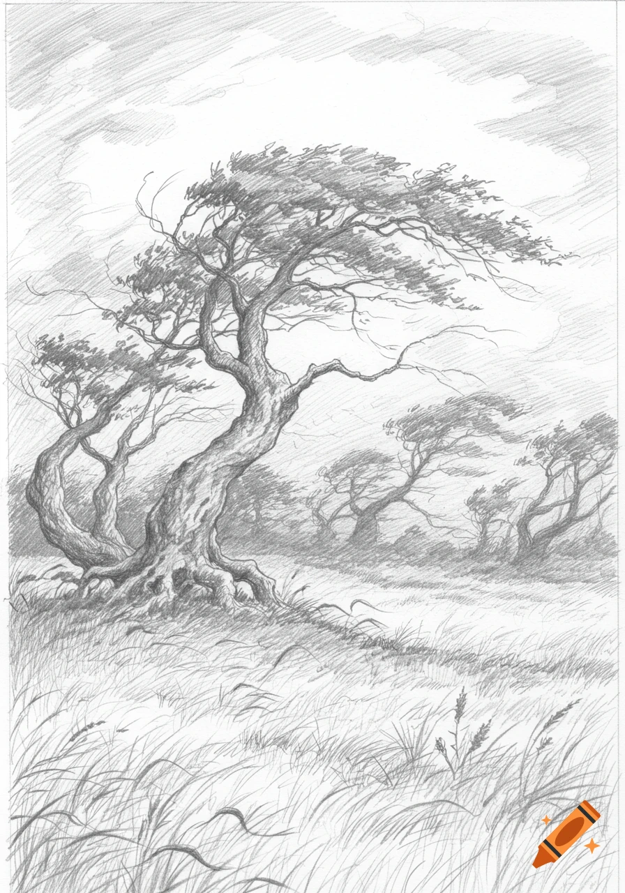 A detailed pencil drawing depicts gnarled, wind-blown trees in a grassy field under a cloudy sky.