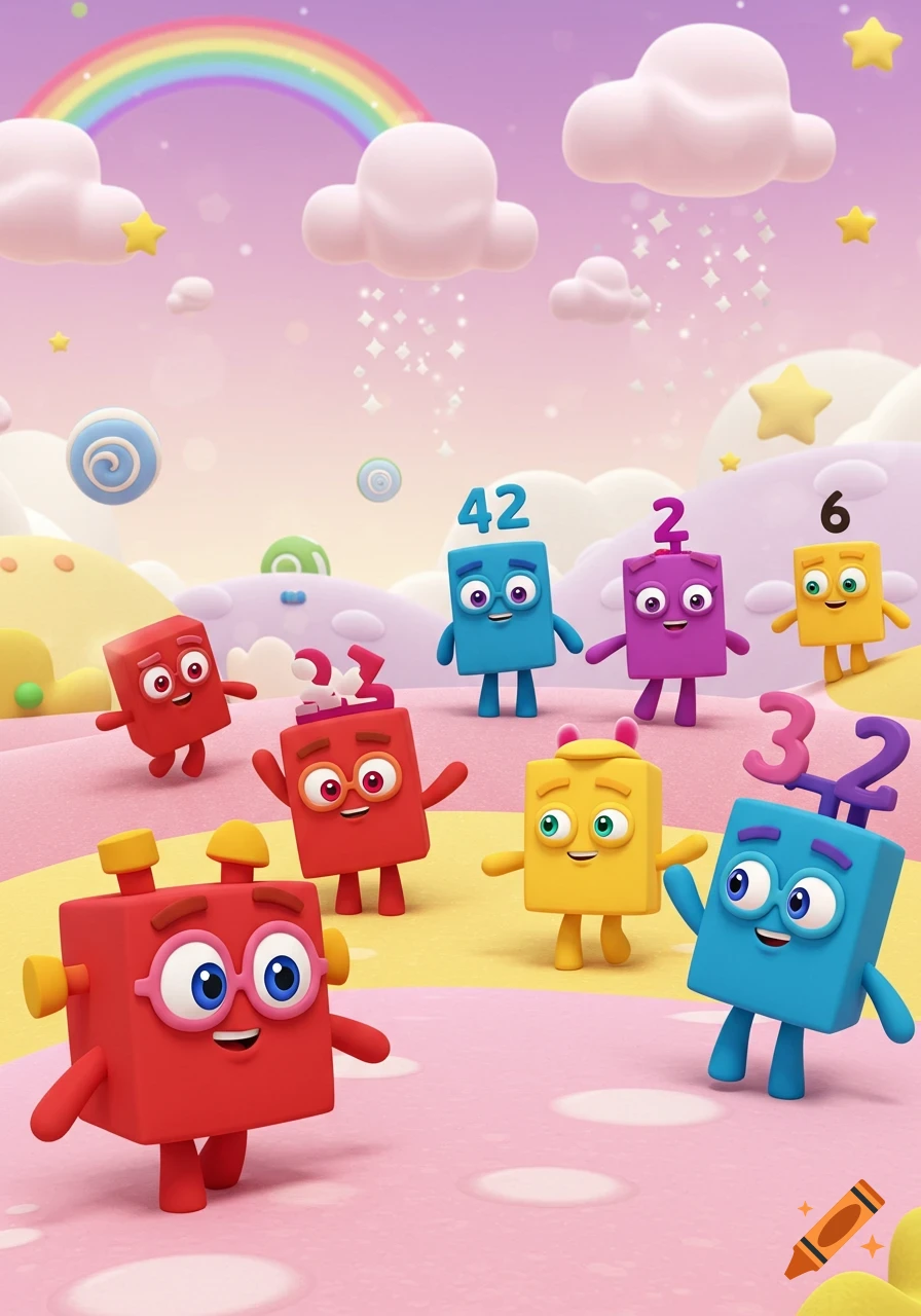 Colorful cartoon number-shaped characters in a whimsical landscape with a rainbow.