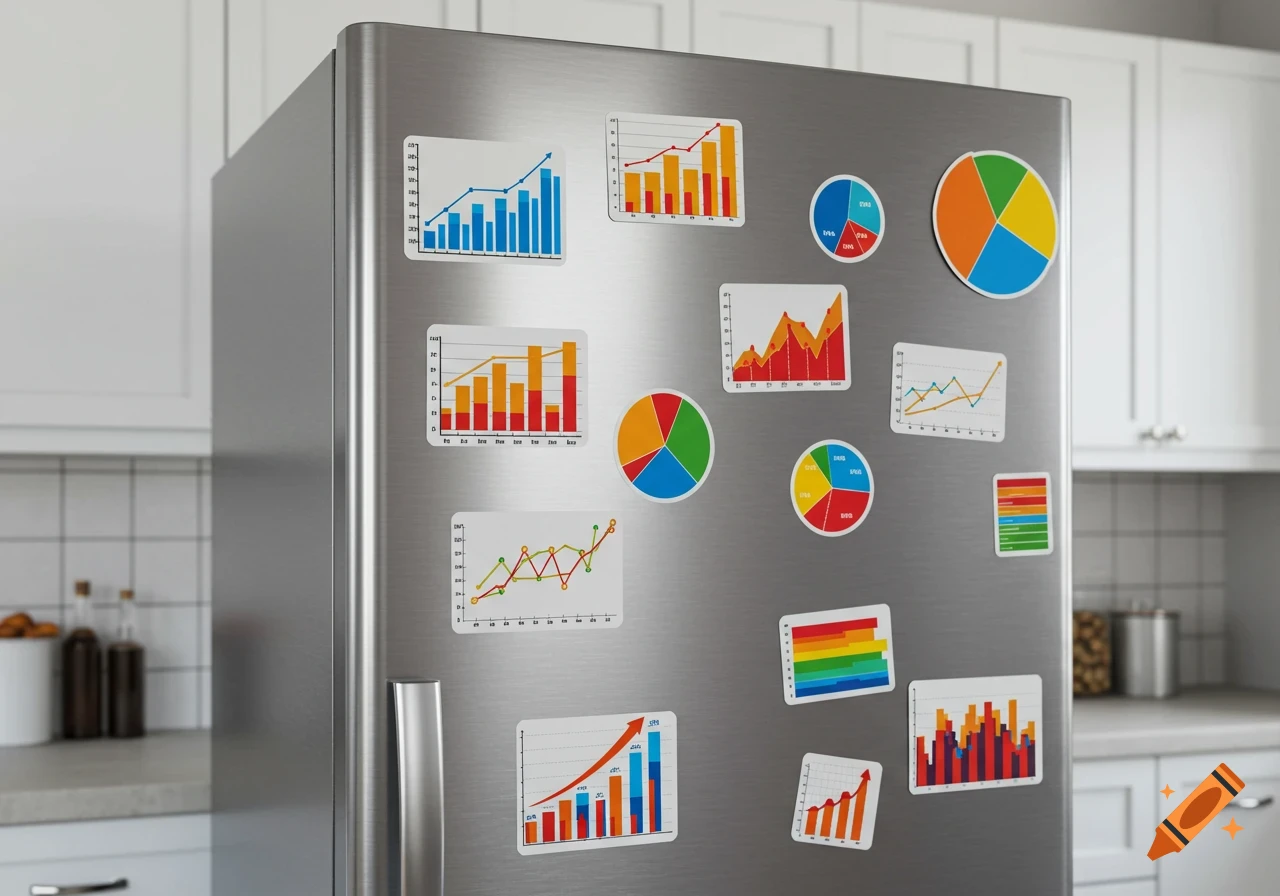 A stainless steel refrigerator covered with various colorful graph magnets, including bar charts, line graphs, and pie charts, in a kitchen.
