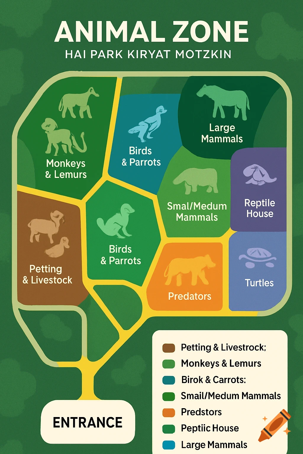 A colorful overhead map of the Animal Zone at Hai Park Kiyat Motzkin, showing different animal enclosures and an entrance, with a color legend.