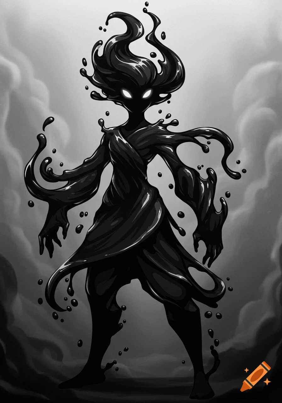 A dark, humanoid figure made of dripping black liquid with glowing white eyes, standing against a cloudy grey background.
