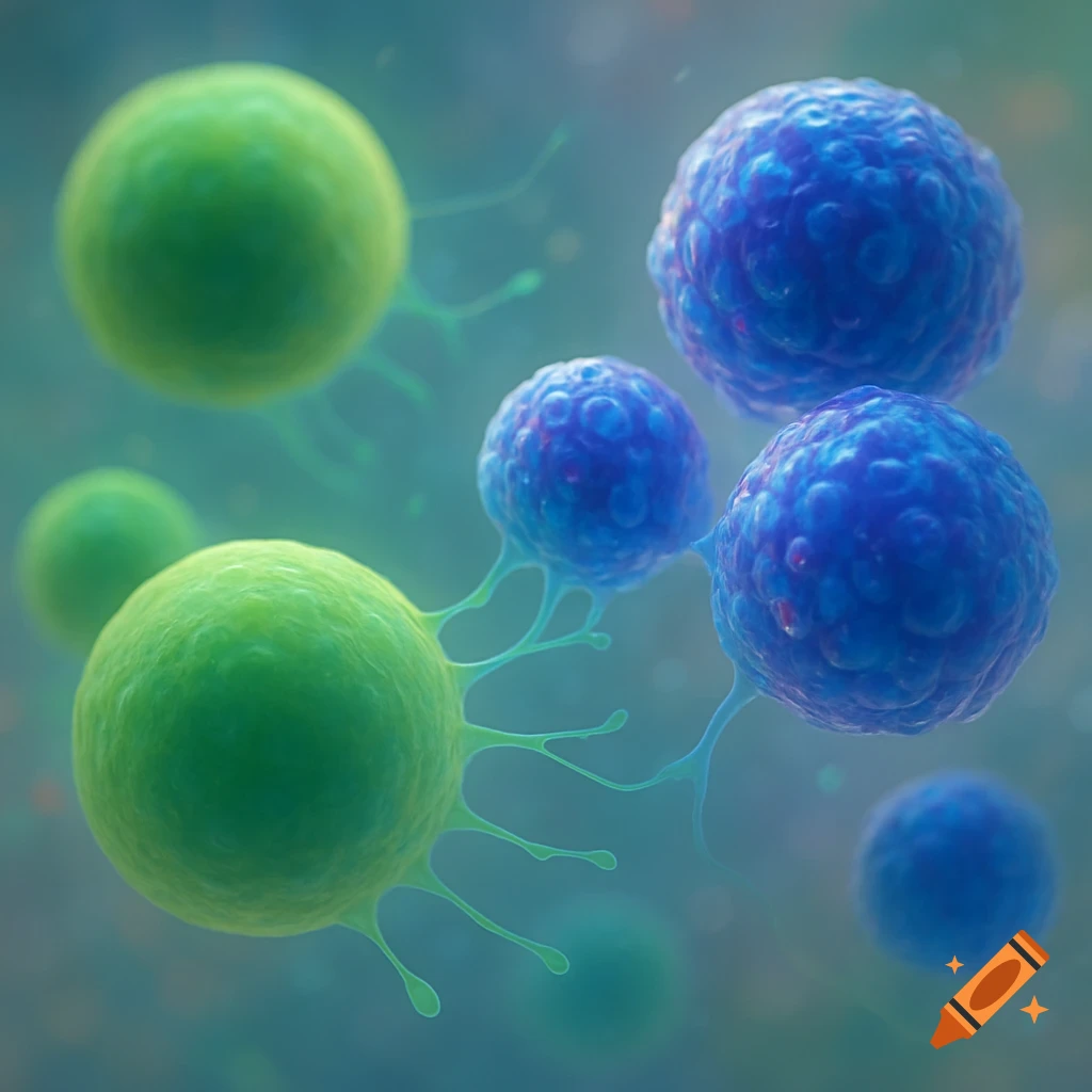 Close-up view of vibrant green smooth cells and textured blue cells with thin connecting tendrils against a blurry background.