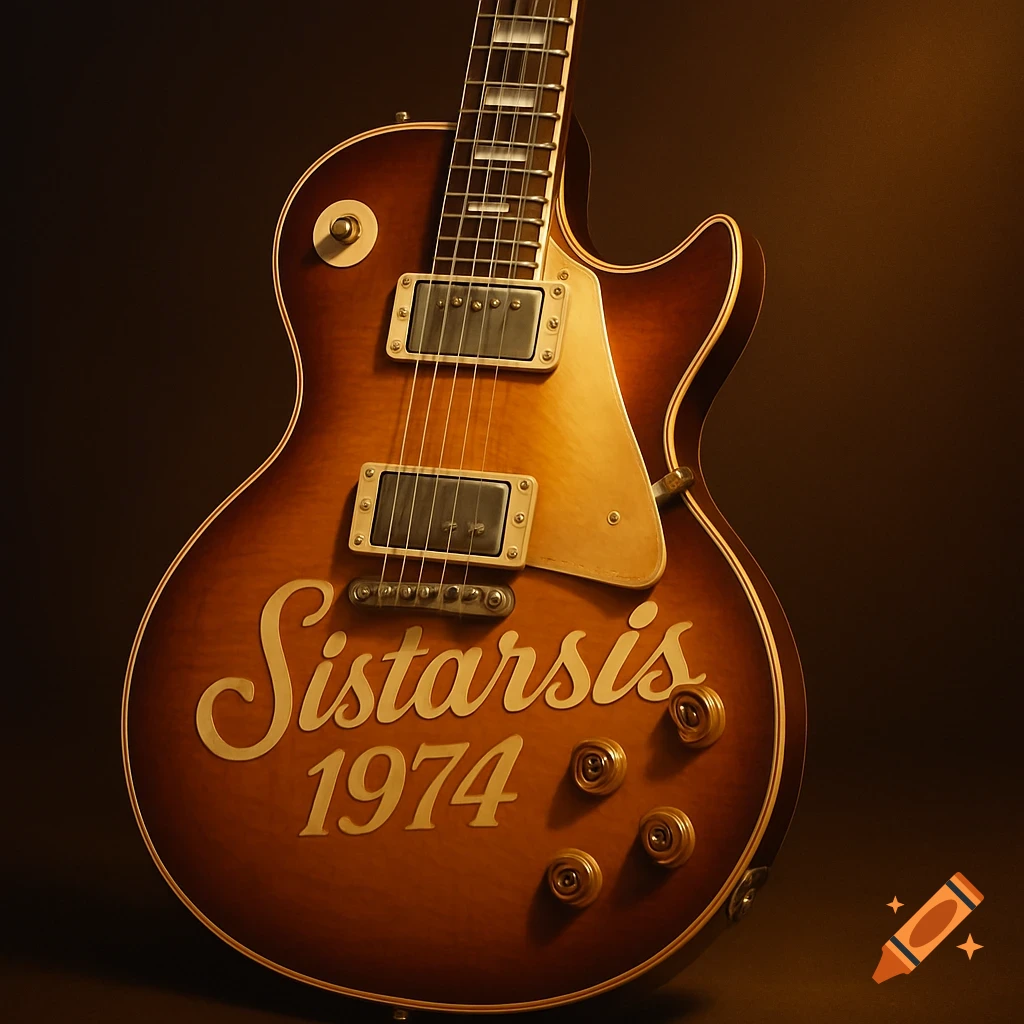 Close-up of a brown and orange Les Paul guitar with "Sistarsis 1974" inscribed on its body.