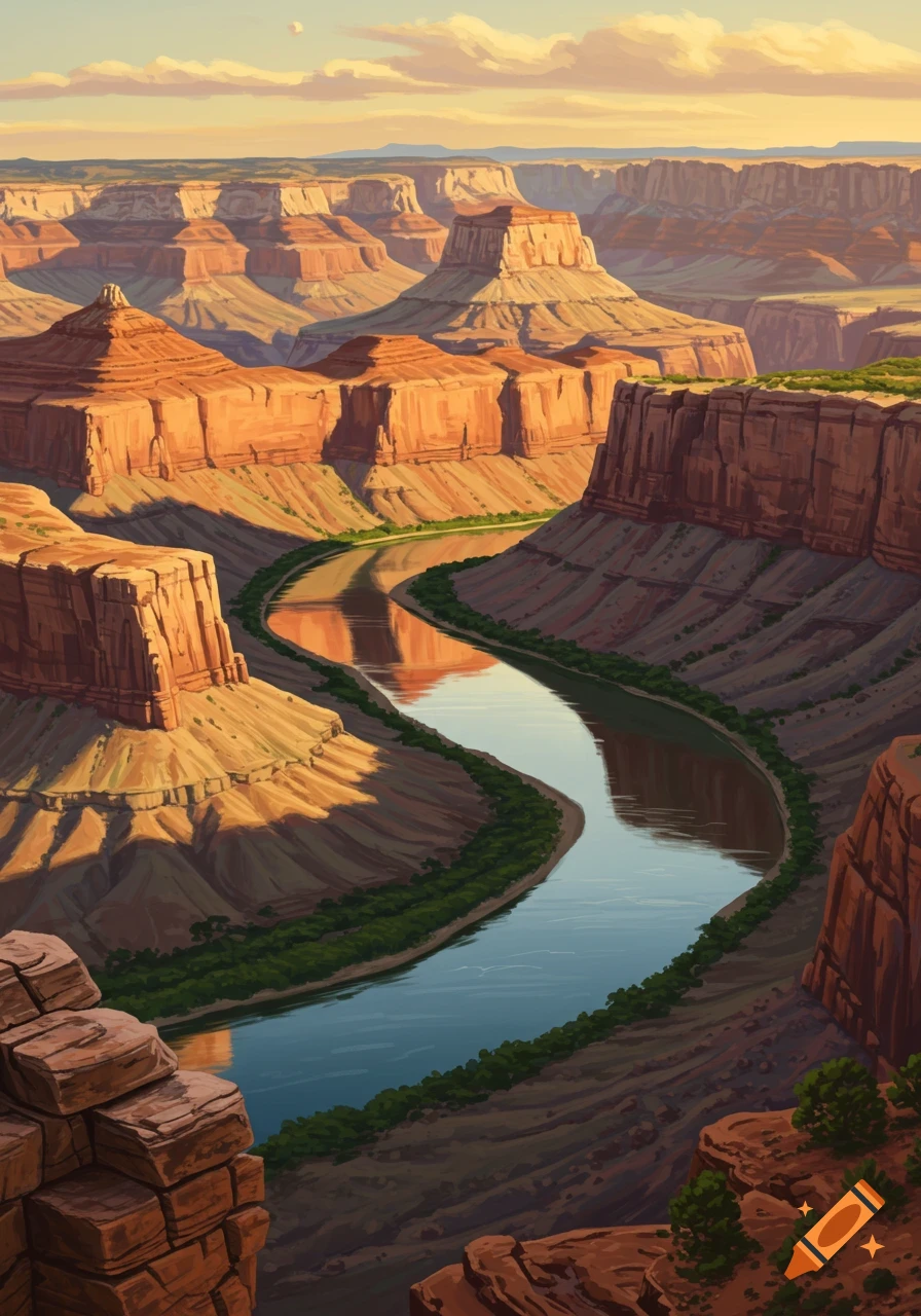A stylized view of a majestic canyon with a winding river reflecting the sky under a warm sunset.