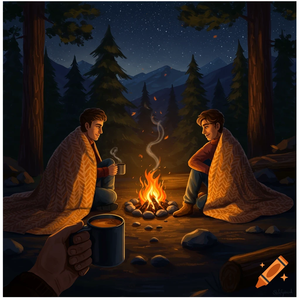 Illustration of two people wrapped in blankets by a campfire at night in a forest, holding mugs.