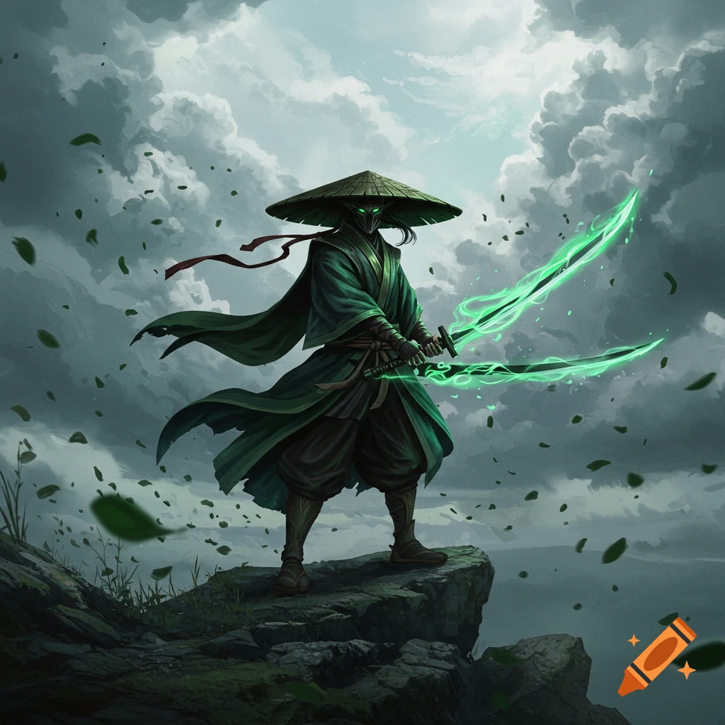 A masked samurai warrior in green robes stands on a rocky cliff, wielding two glowing green swords as leaves swirl around.
