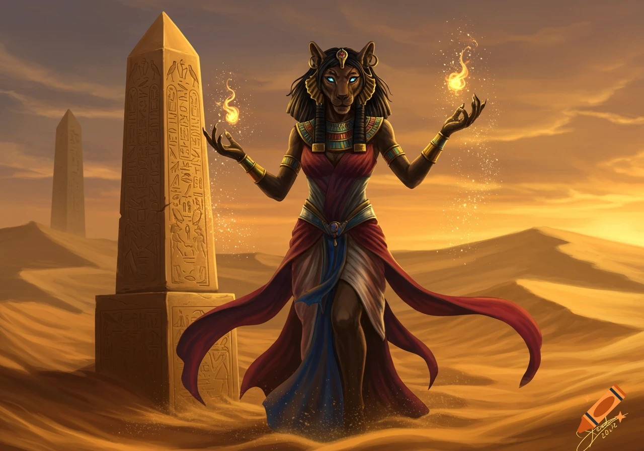 A humanoid lion sorceress in Egyptian attire conjuring fire in a desert with obelisks.
