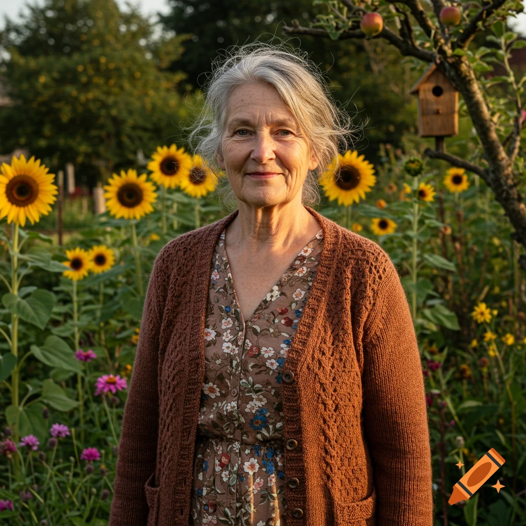 An older woman with grey hair smiles, standing in a vibrant garden filled with sunflowers and other colorful flowers, a birdhouse visible on a tree.