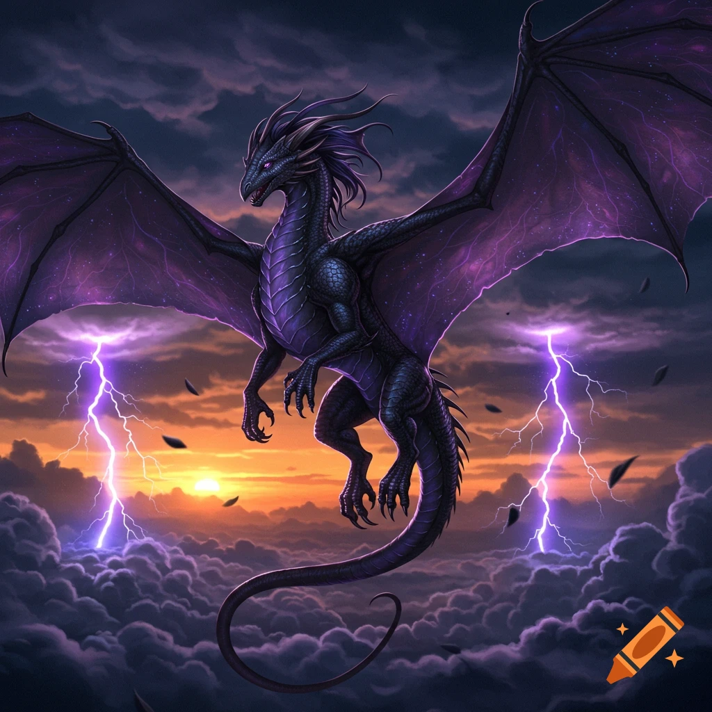 A majestic black dragon with sprawling purple wings flies through ...