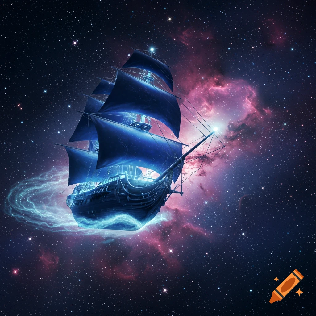 A glowing blue sailing ship with dark sails floats through deep space filled with bright stars and a pink nebula, in a fantastical style.