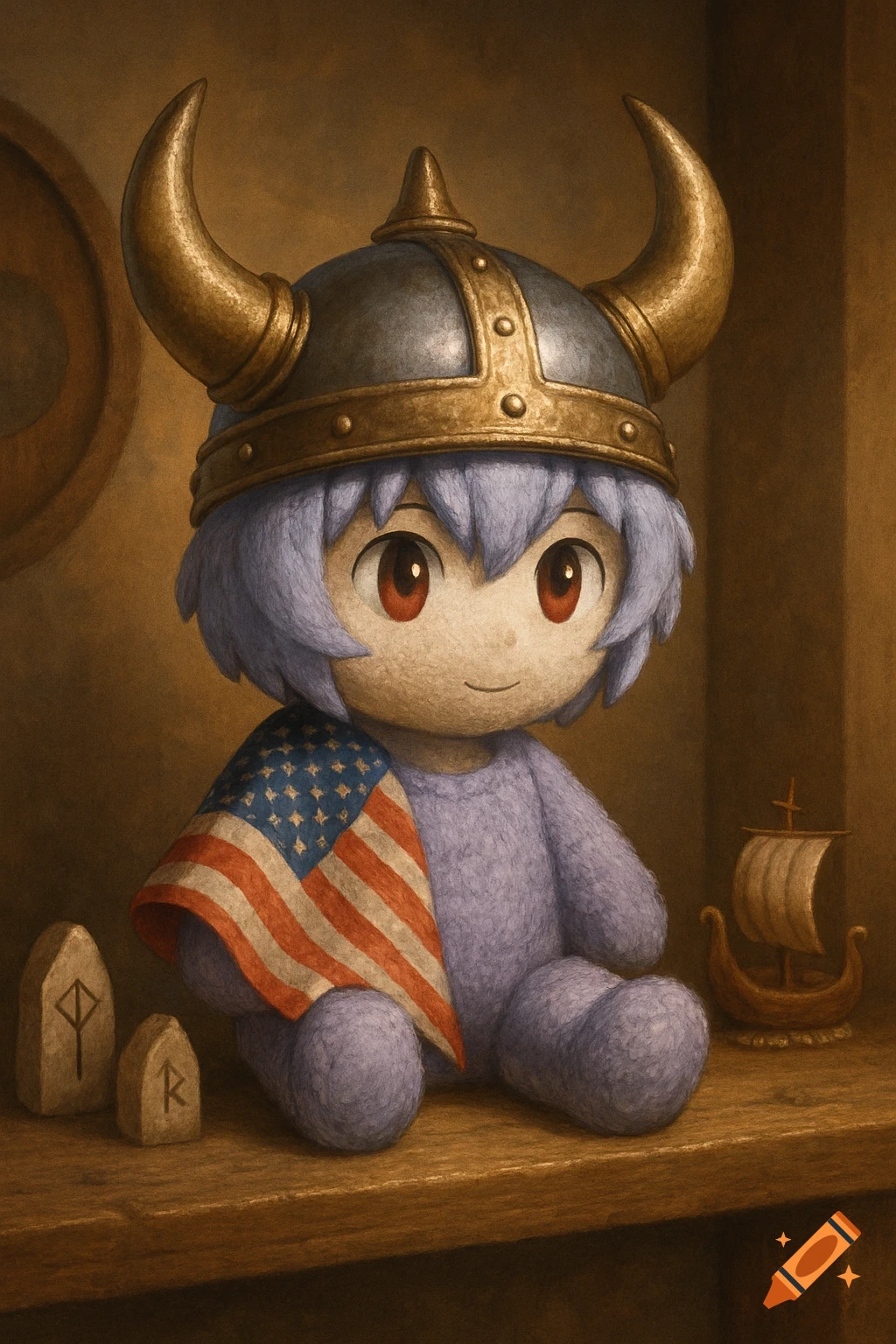 A cute anime plush doll with light purple fur and red eyes wears a viking helmet and an American flag, sitting on a shelf with runestones and a longship model.