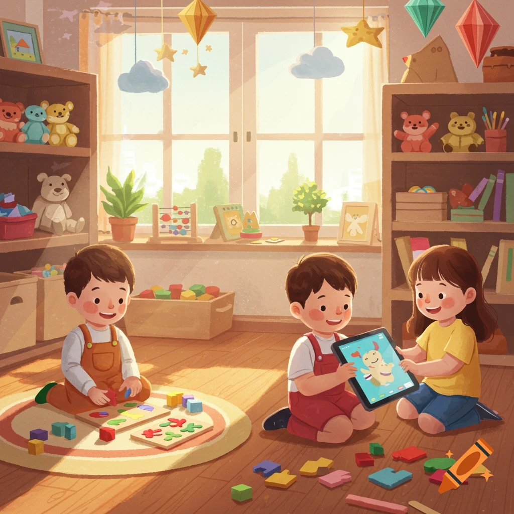 Three cartoon children playing in a sunny kindergarten playroom with toys and a tablet in a bright illustration style.