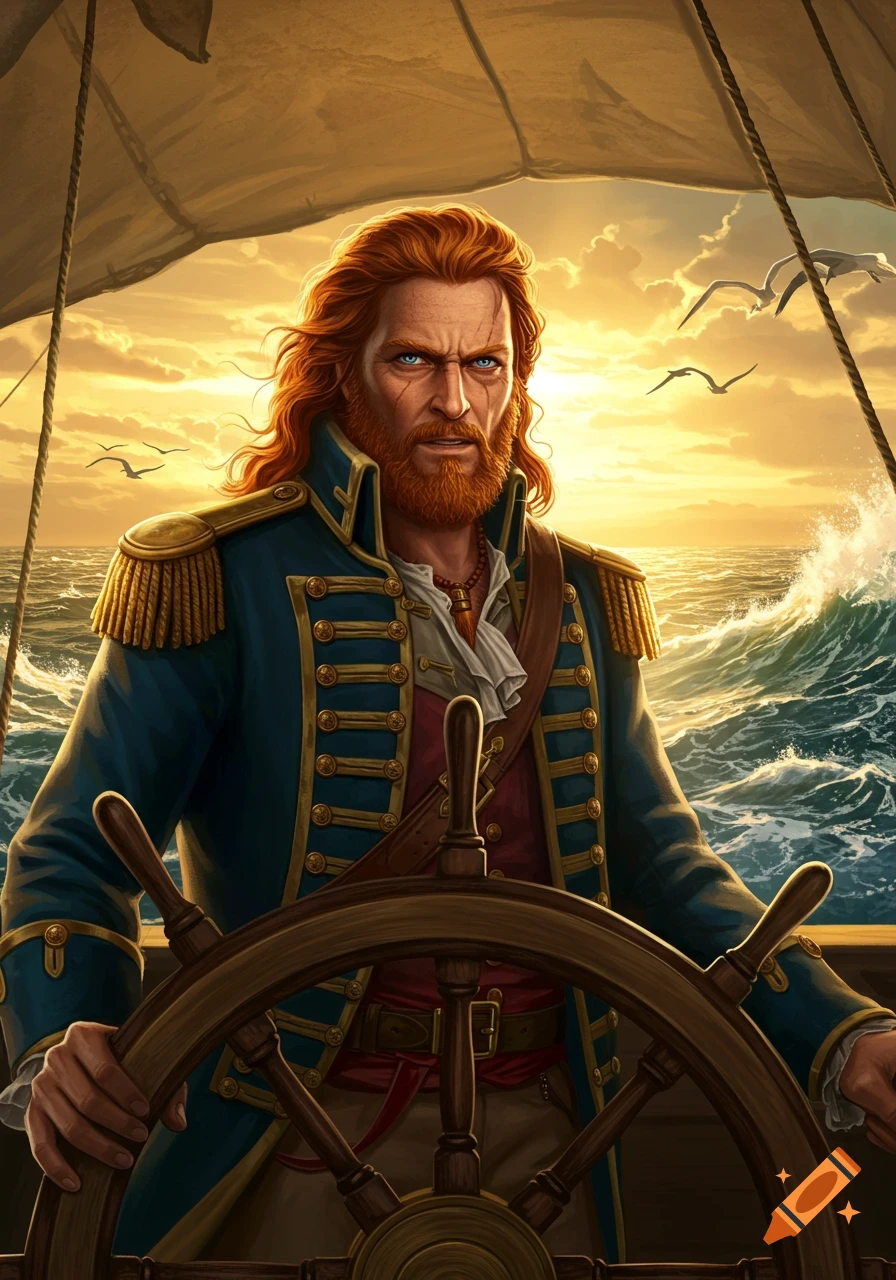 A stern red-haired captain with a beard and blue eyes steers a ship, wearing a blue and red coat, against a vibrant sunset over a choppy sea.