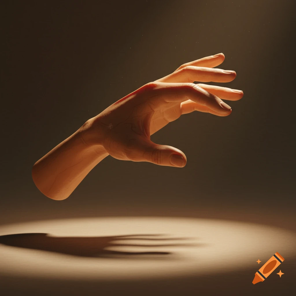 A photorealistic disembodied hand floats in a spotlight against a dark background, casting a shadow.