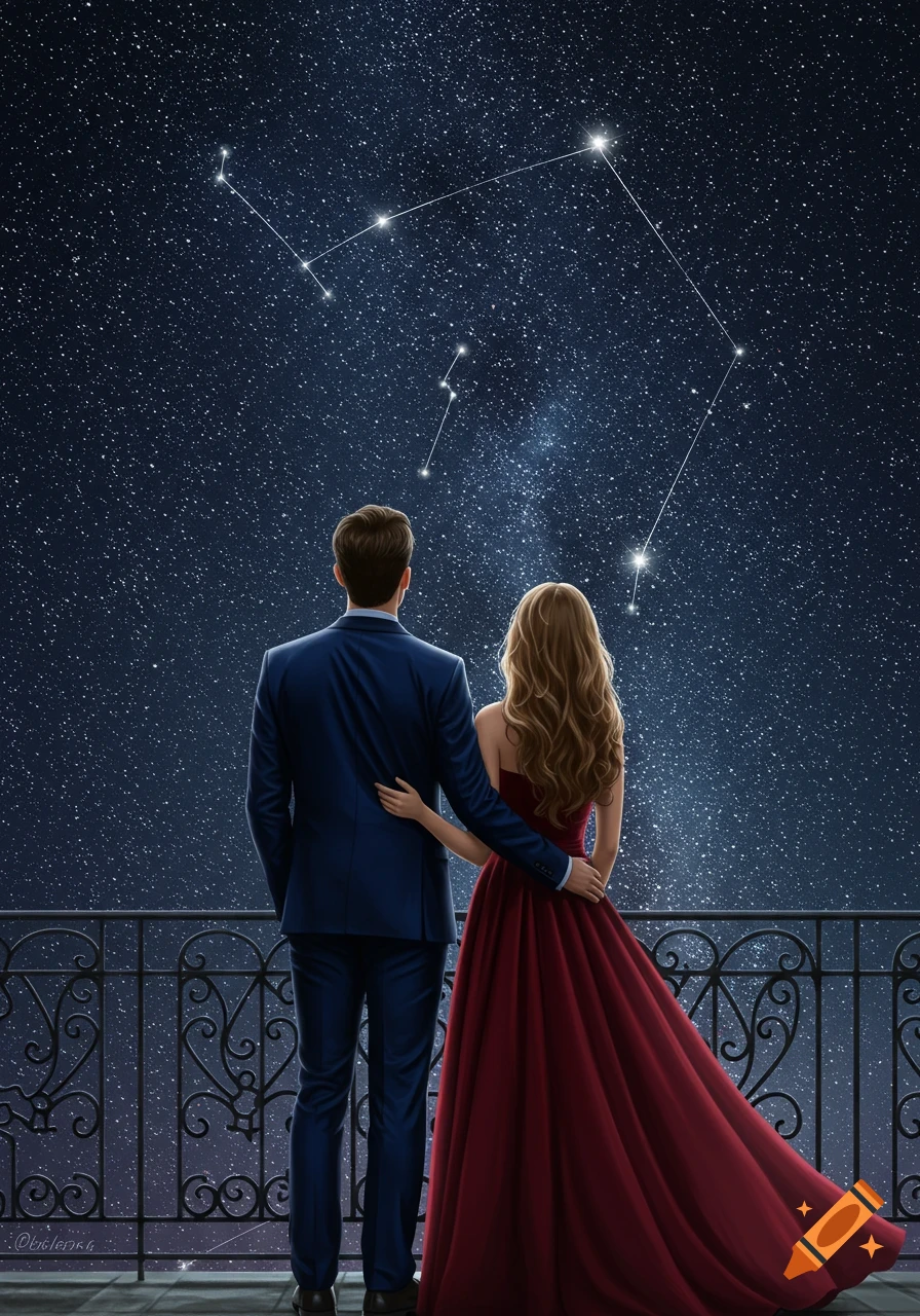 A couple in formal attire stands on a balcony, backs to viewer, gazing at a starry night sky with constellations. Illustration.