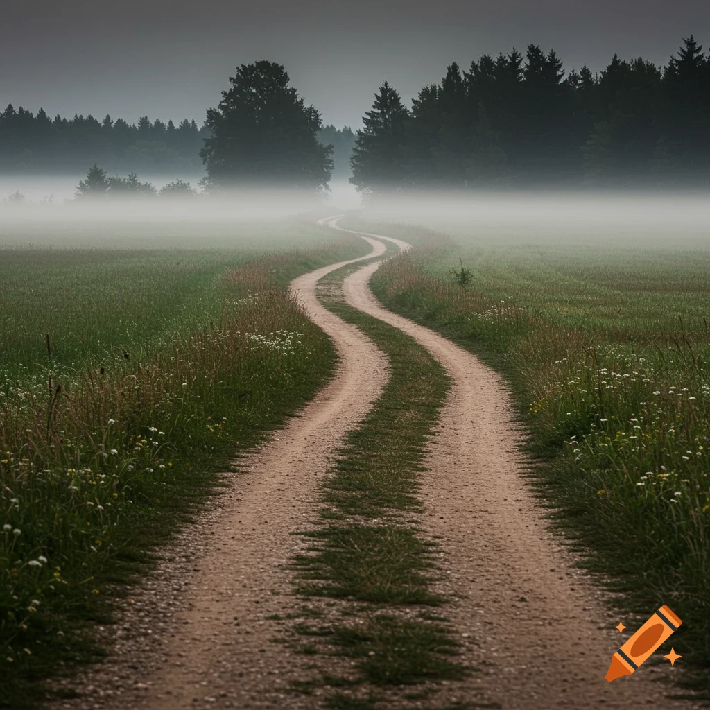 A winding dirt road disappears into a thick mist in a green field surrounded by dark forests under an overcast sky.