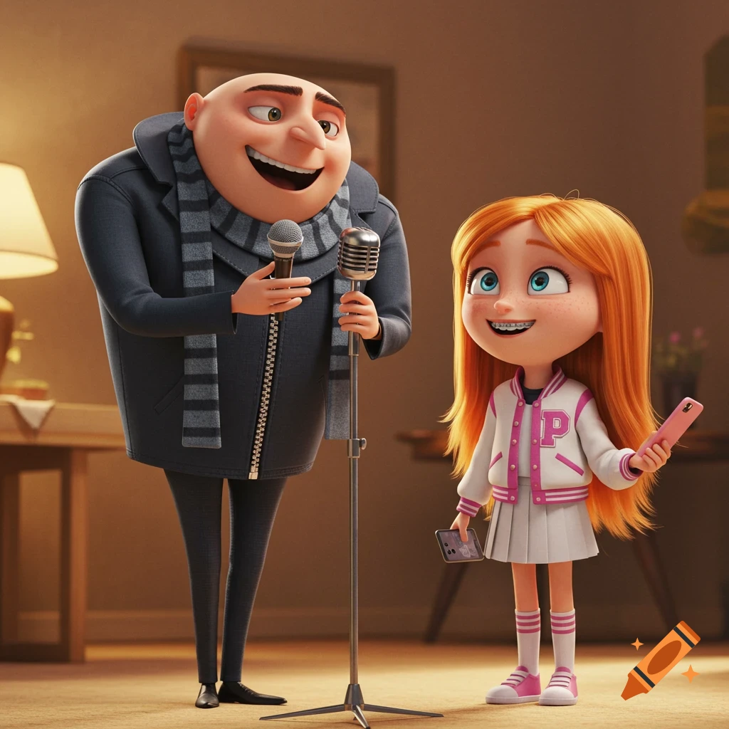 3D animated Gru from Despicable Me smiling with a microphone next to a red-haired girl with braces, wearing a P jacket and holding phones.