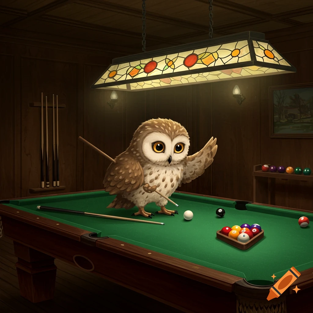 A cute, stylized owl plays billiards on a green table in a dimly lit, wood-paneled room under a stained-glass lamp.