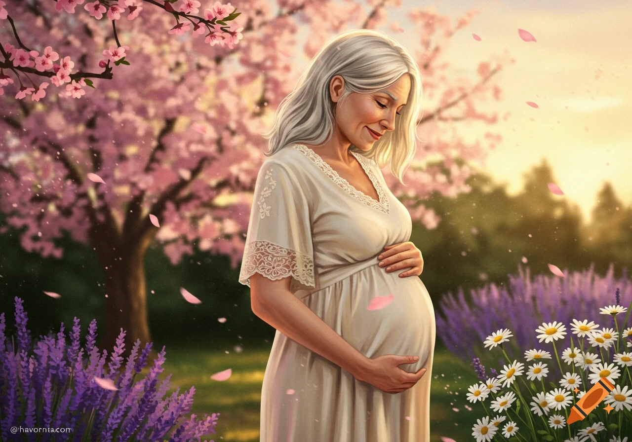 A mature pregnant woman with long gray hair smiles, holding her belly amidst blooming cherry blossom trees, lavender, and daisies in warm sunlight.