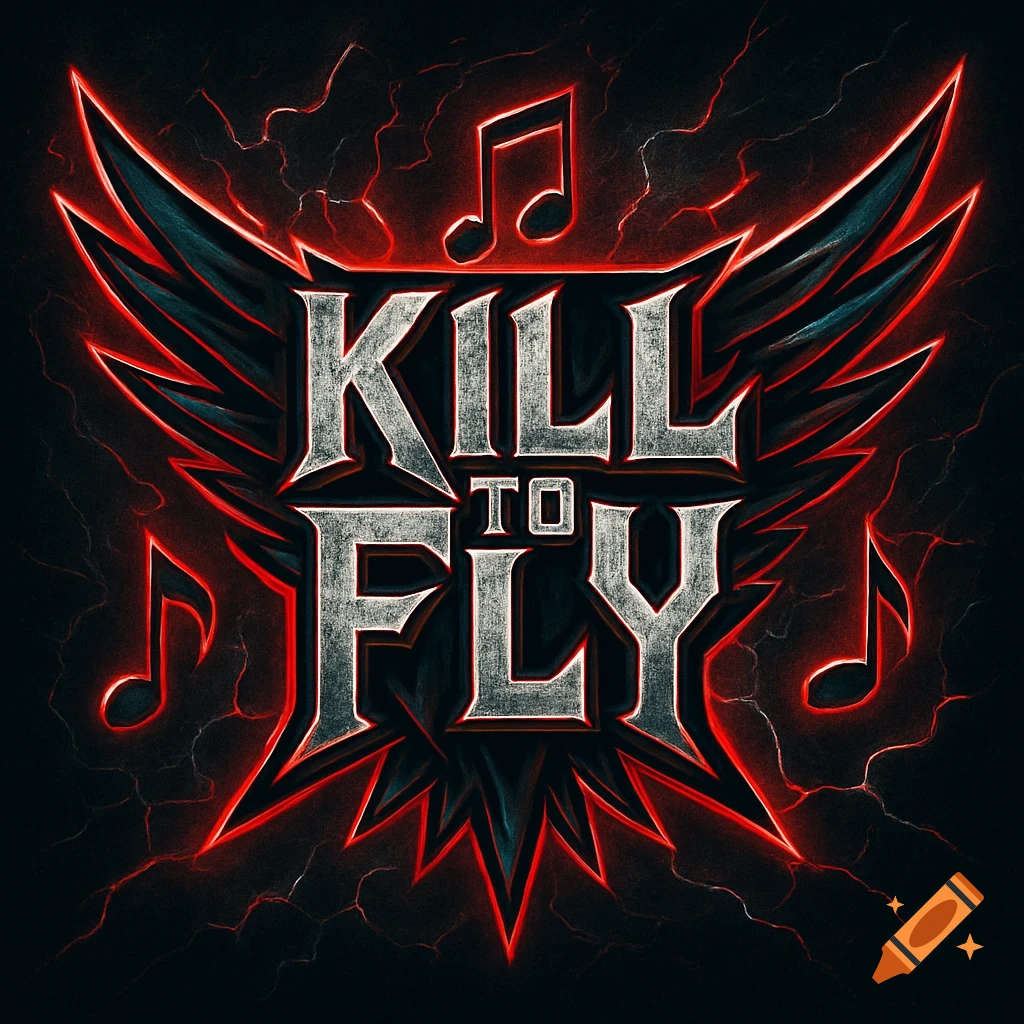 A dark, stylized music logo features metallic text "KILL TO FLY" framed by glowing red wings and musical notes.