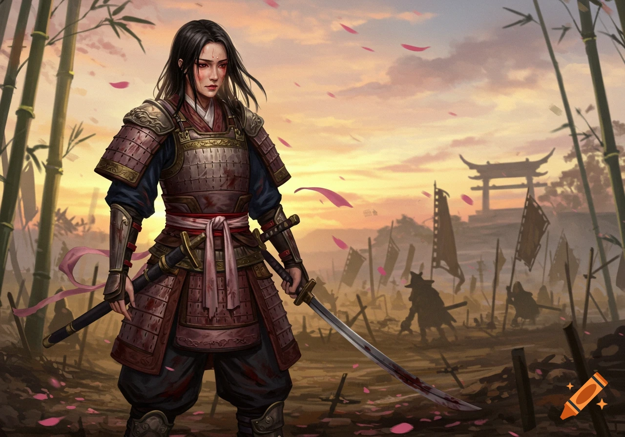 A tired female samurai in blood-stained armor stands on a battlefield at sunset, holding a katana, with bamboo and a torii gate in the background.