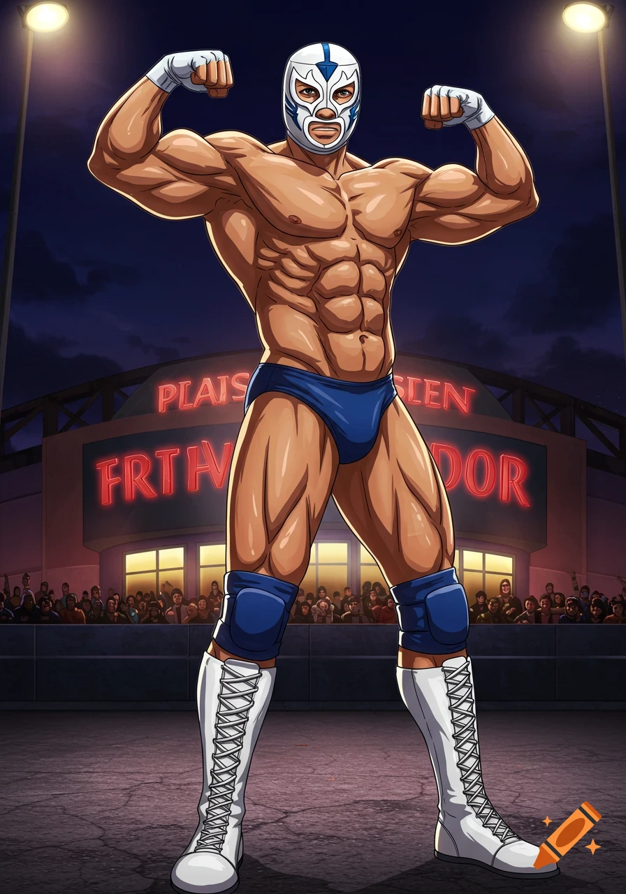 Anime-style illustration of a muscular luchador in a white mask and blue outfit flexing at night in front of a stadium.