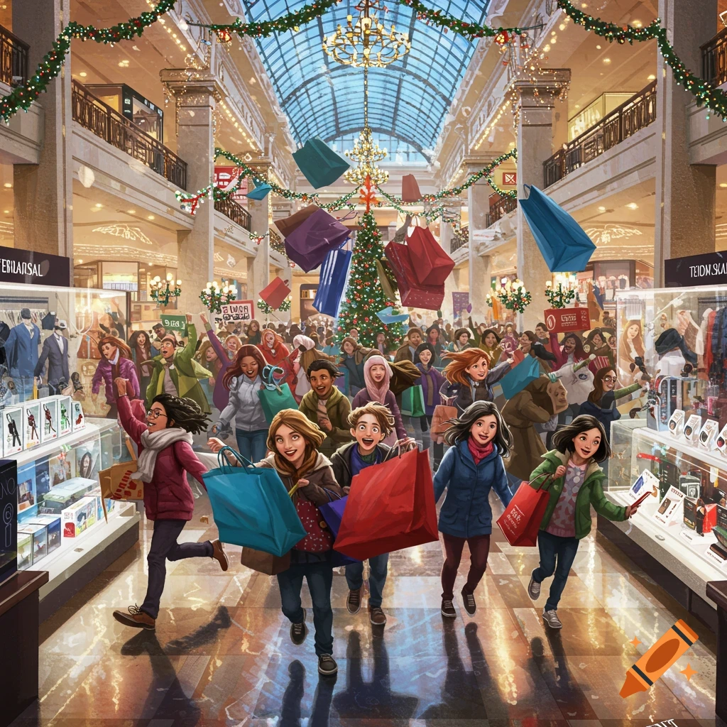 A vibrant illustration of a massive crowd of happy shoppers rushing through a brightly lit, decorated mall during a Black Friday sale.