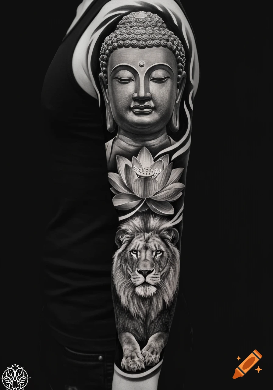 A detailed black and white tattoo sleeve featuring a Buddha head, a lotus flower, and a lion's head.